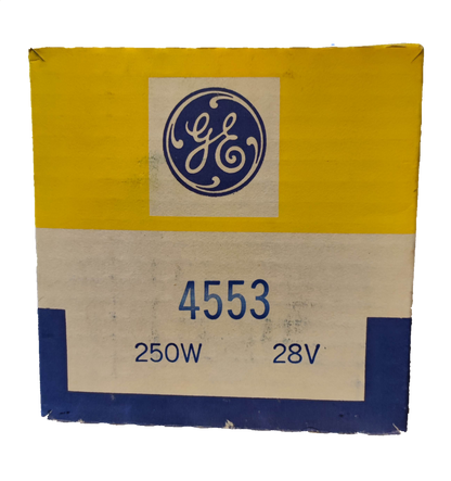 GE sealed beam spotlight 28V 250W packaging displaying product specifications and branding