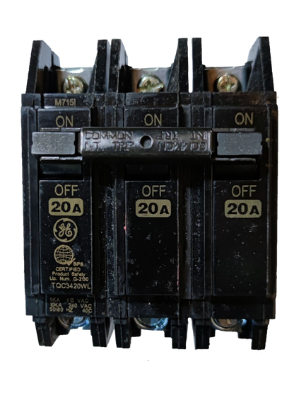 GE TQC 20A 3P Bolt On Circuit Breakers black three pole bolt on 20A breaker with ON OFF toggles