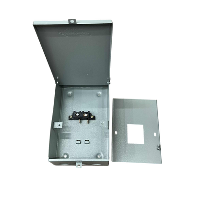 GE TQL 2 pole breaker housing in metal, open to show internal connections and mounting options