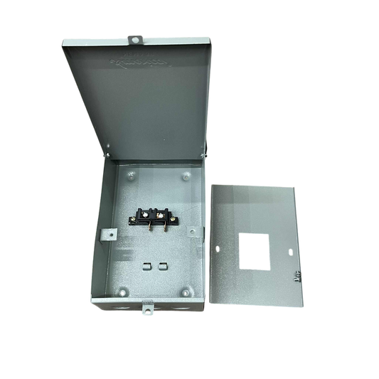 GE TQL 2 pole breaker housing in metal, open to show internal connections and mounting options