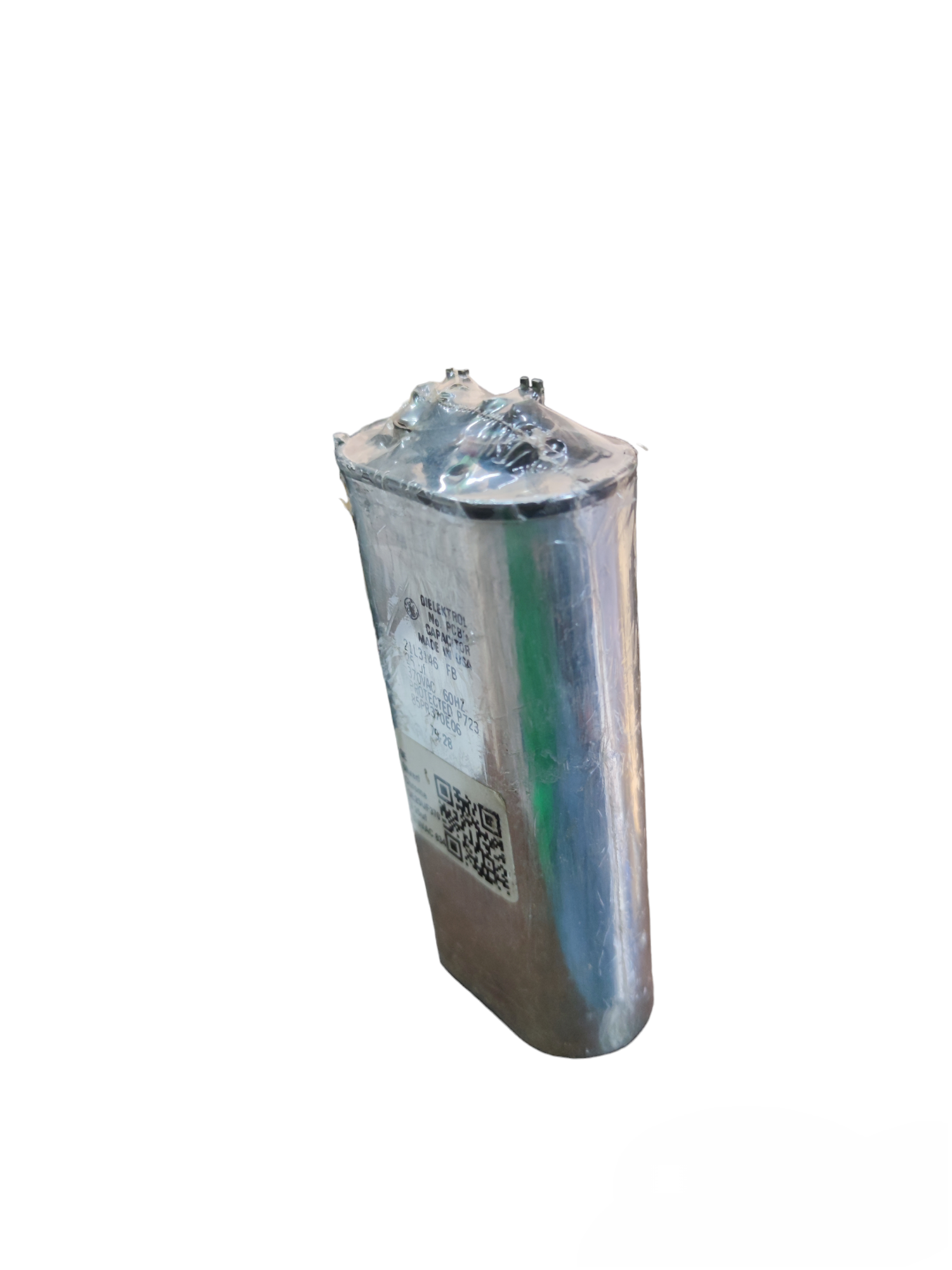 GE vintage dielektrol capacitor 25uf 370vac with a sleek metallic finish for electrical applications