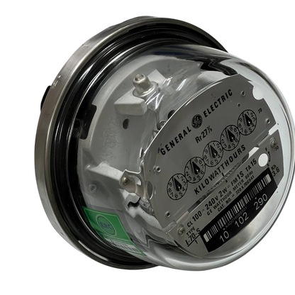 GE 2 Wire CL100 I70-S 4 Jaws Analog Meter round glass housing showing dials serial plate and terminals