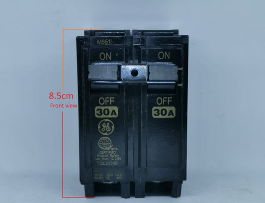 GE 30A 2 Pole Single Phase Plug-in circuit breaker switch in black with ON OFF labels