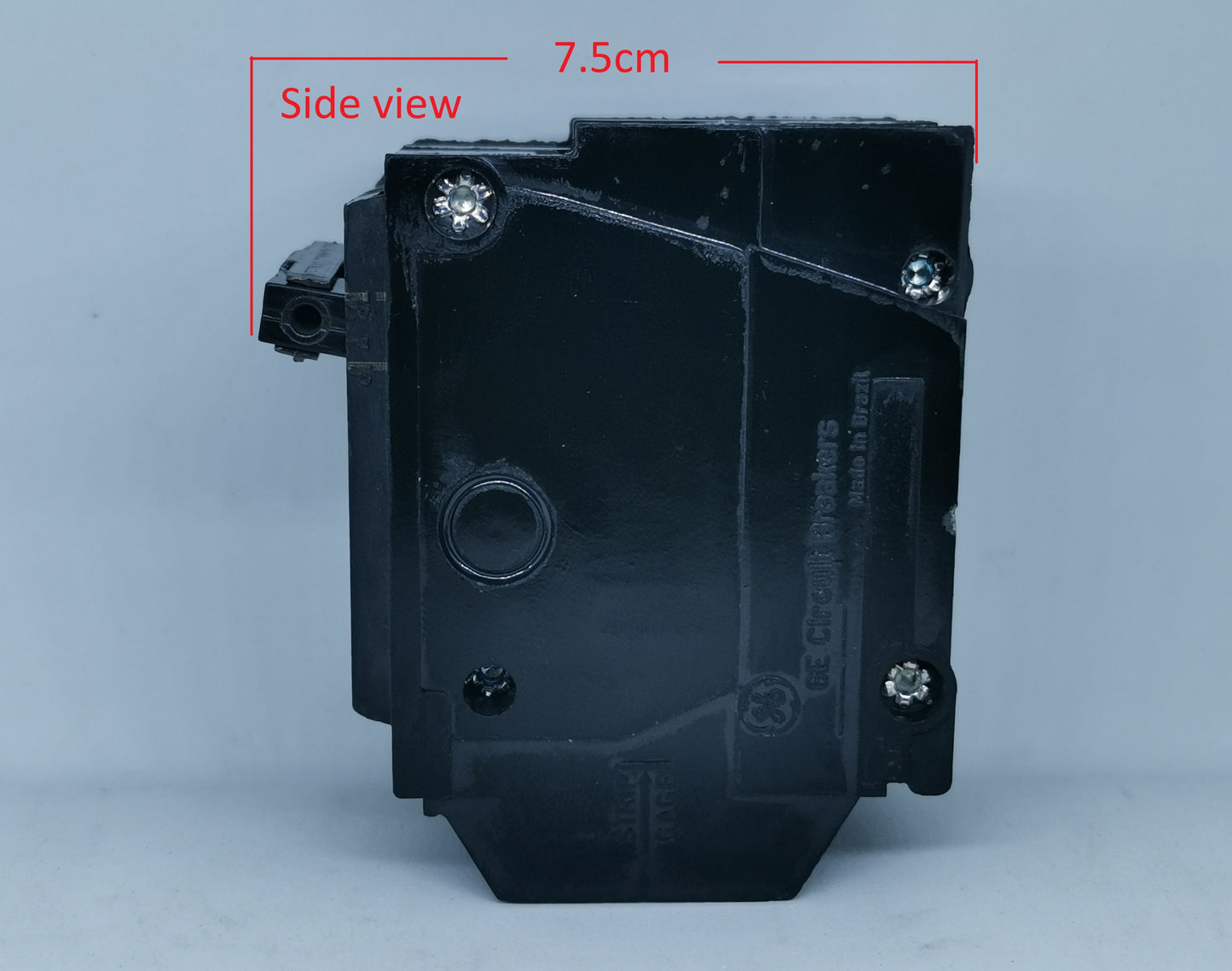 GE electrical 30A 2 Pole Single Phase Plug-in device shown from side view with measurement