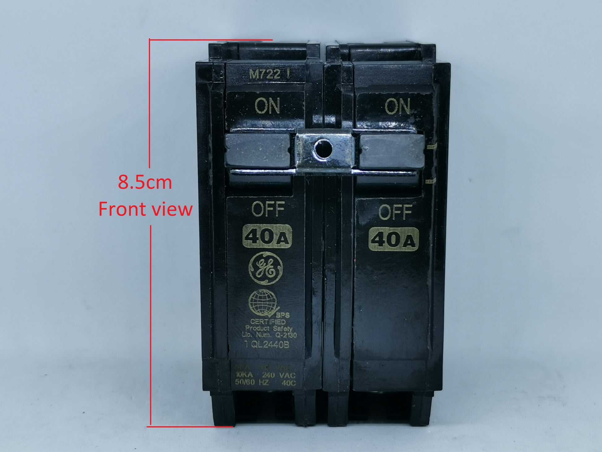 GE 40A 2 Pole Single Phase Plug-in circuit breaker in black with ON and OFF switches