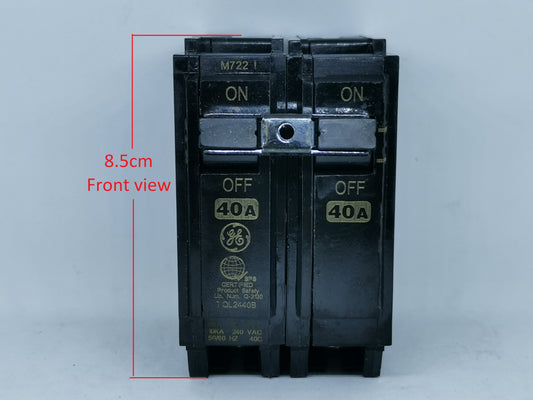 GE 40A 2 Pole Single Phase Plug-in circuit breaker in black with ON and OFF switches