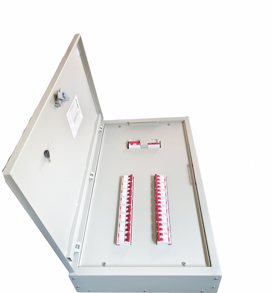 Himel 100A 2 pole circuit breaker panel with open gray metal enclosure and red switches