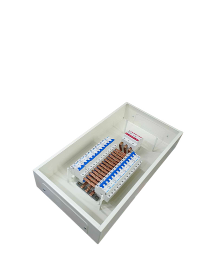 100A 3 phase panel board electrical circuitry with multiple circuit breakers in white casing