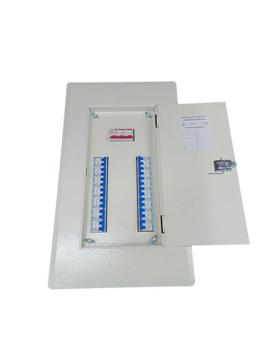 100A 3 phase panel board electrical circuitry part with multiple circuit breakers and an open white metal door