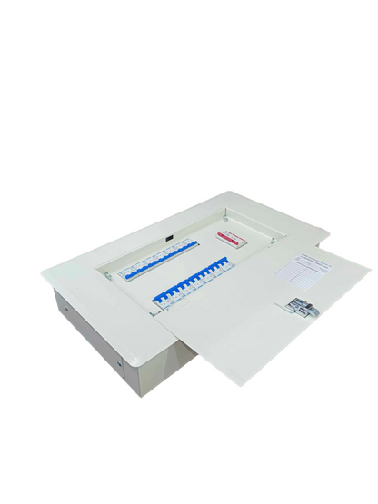 Royu Himel and Koten 100A 3 phase panel board electrical circuitry component with open white metal enclosure