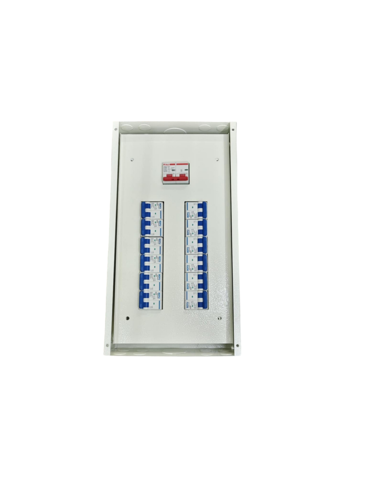 100A panel board with MCB featuring multiple circuit breakers in a white metal enclosure