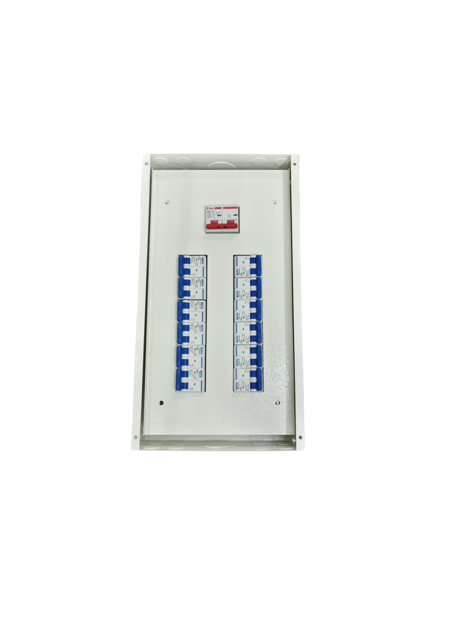 100A panel board with MCB featuring multiple circuit breakers in a white metal enclosure