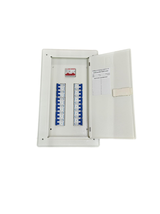 100A panel board with MCB from Himel Royu and Koten featuring multiple circuit breakers in a white enclosure