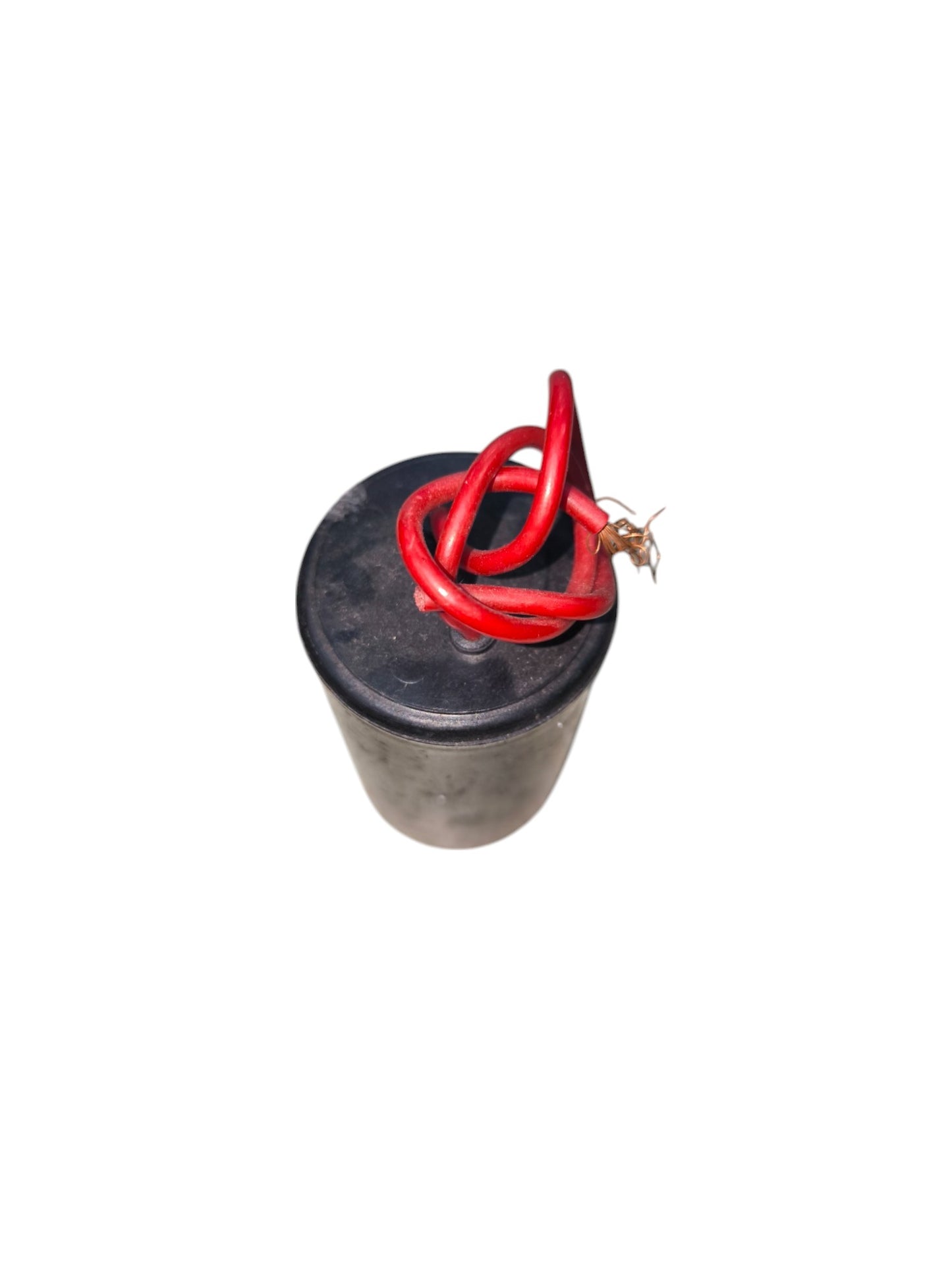 CBB 10uF 450V capacitor with black cylindrical body and red insulated wires for electrical circuits