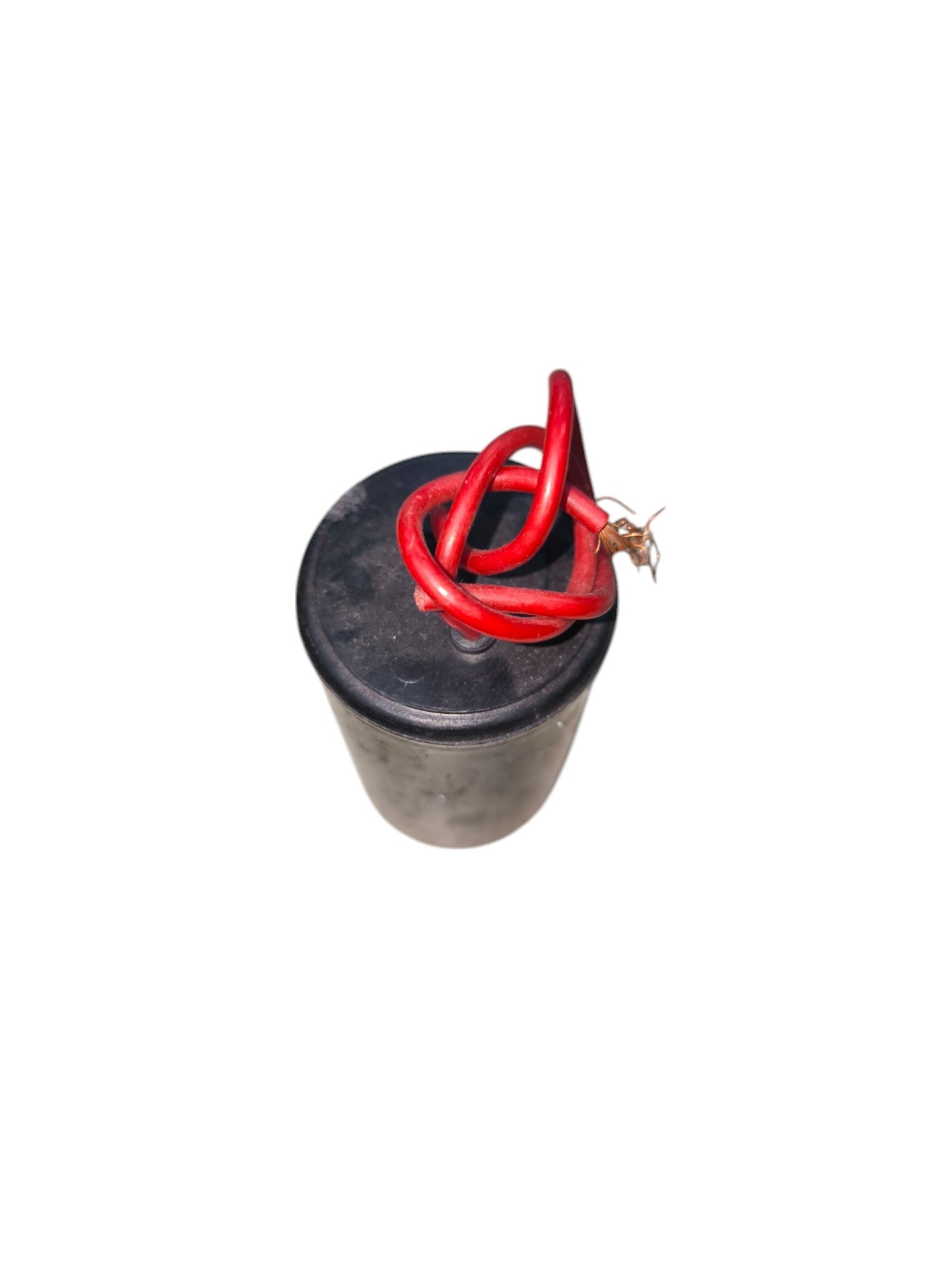 CBB 10uF 450V capacitor with black cylindrical body and red insulated wires for electrical circuits