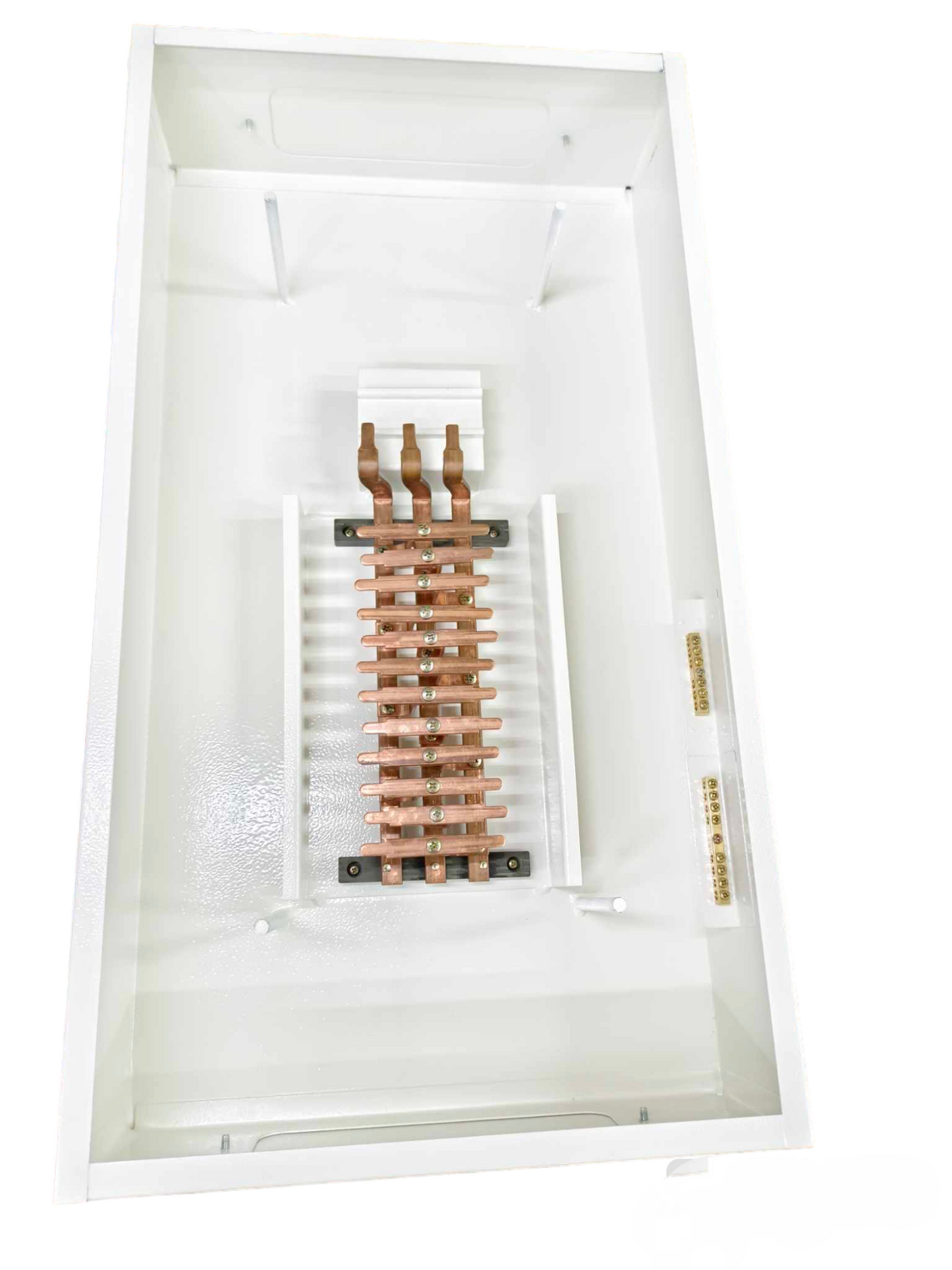Koten 12 branch circuit breaker panel with copper bus bars inside white metal enclosure