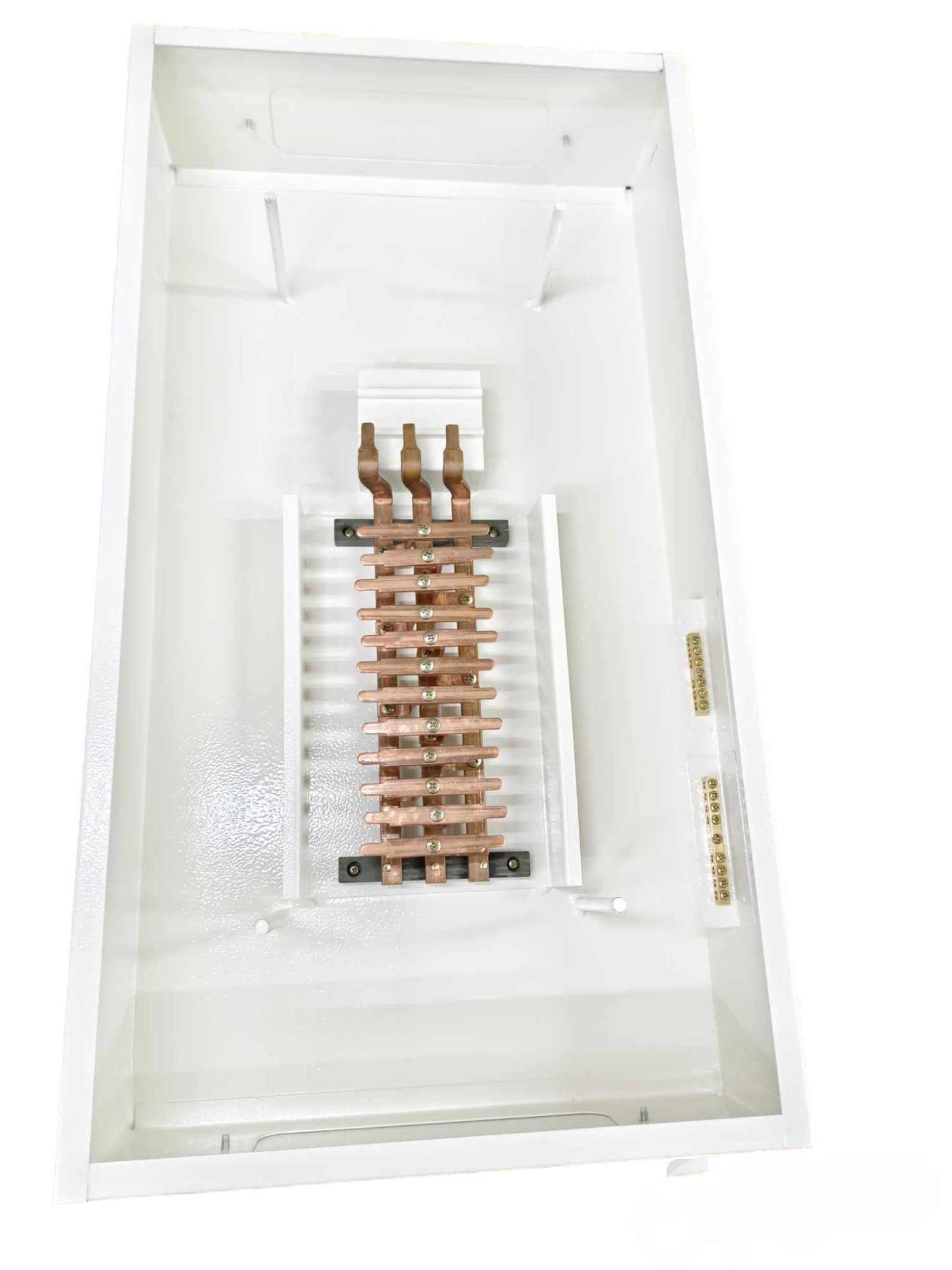 Koten 12 branch circuit breaker panel with copper bus bars inside white metal enclosure