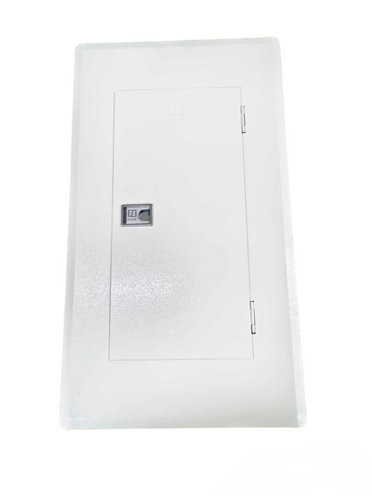 Koten 12 branch circuit breaker panel in white metal enclosure with hinged door and latch