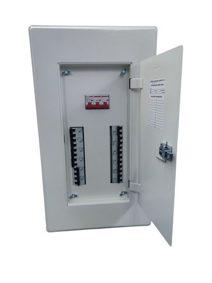 Koten 12 branch circuit breaker panel with white metal enclosure and open door showing circuit breakers