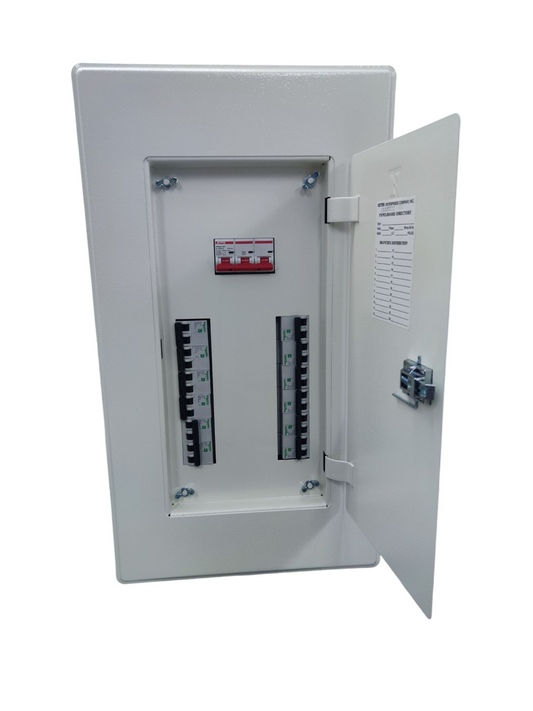 Koten 12 branch circuit breaker panel with white metal enclosure and open door showing circuit breakers