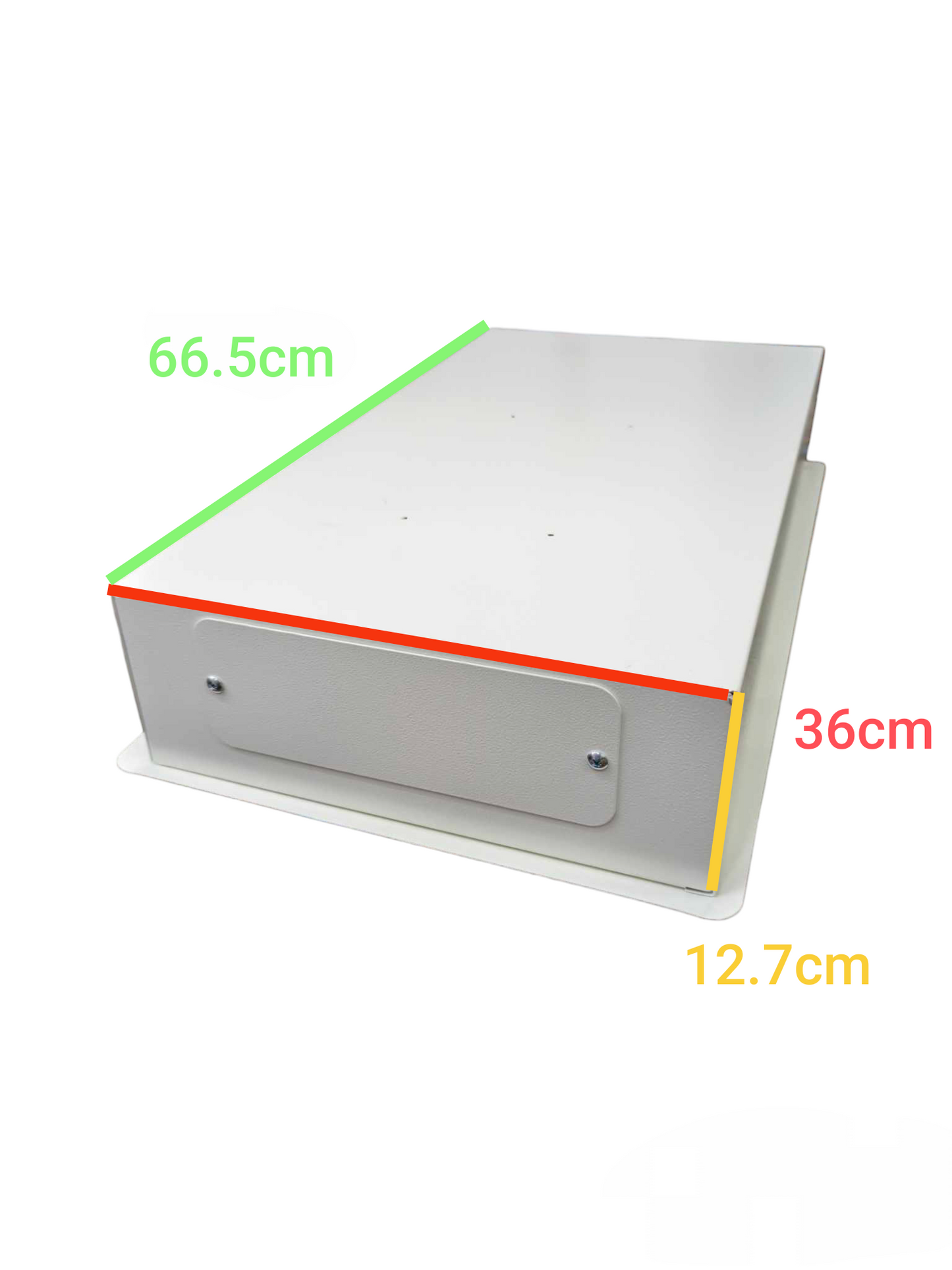 Koten 12 branch circuit breaker panel with dimensions 66.5cm by 36cm by 12.7cm in white metal casing