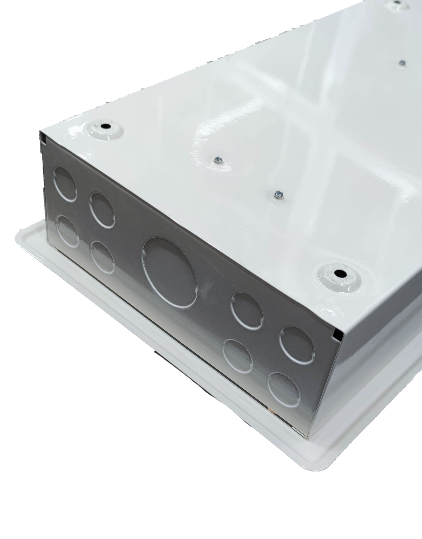 Electx Electrical Supply 12 branch panel board 100A with white metal casing and multiple knockout holes