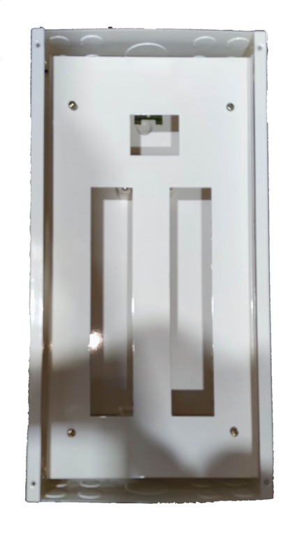 White metal enclosure for 125A 2 pole panel board electrical circuitry and parts