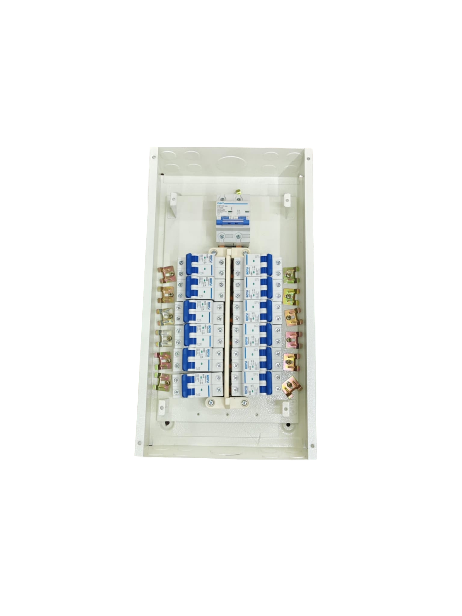 125A 2 pole panel board electrical circuitry and parts by Chint Koten and Royu with blue switches