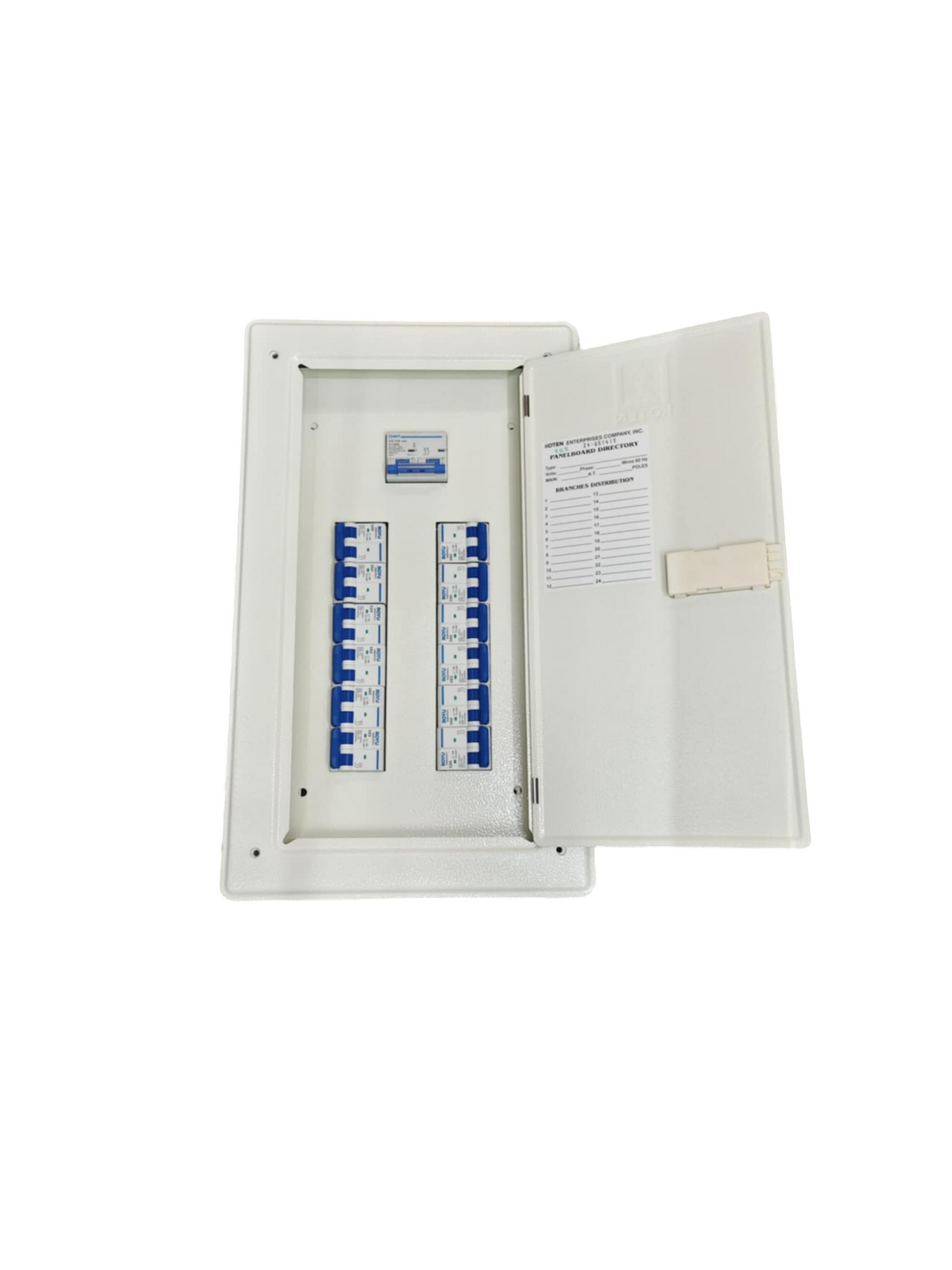 125A 2 pole panel board with multiple circuit breakers in a white metal enclosure