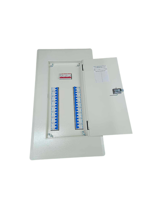 125A 3 phase panel board with circuit breakers and open white metal enclosure