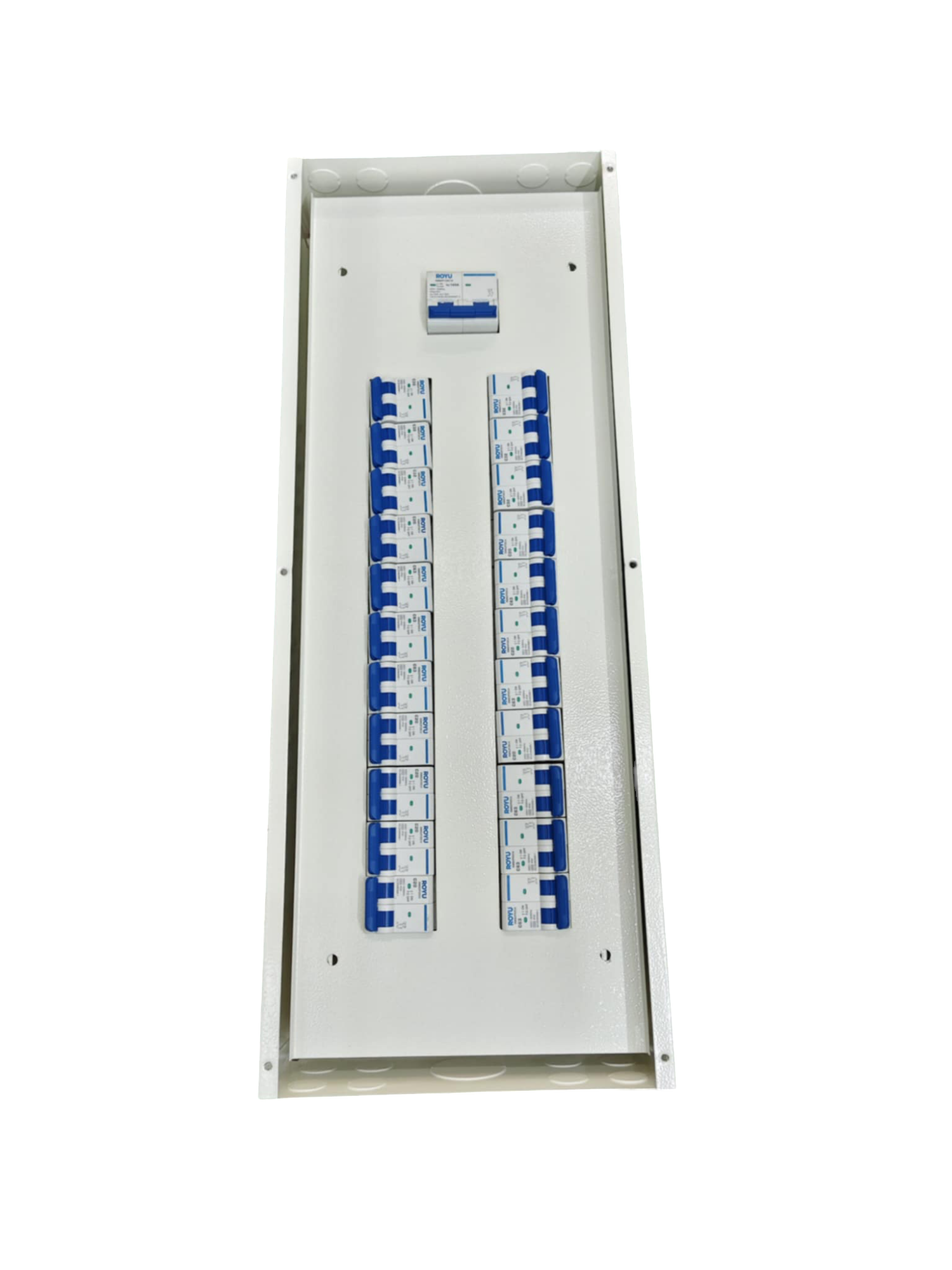 Royu 125A panel board 2 pole with multiple circuit breakers in a white metal enclosure