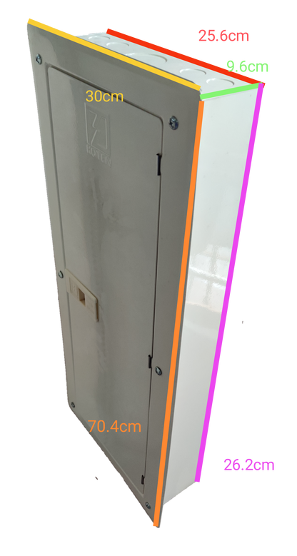 Royu 125A panel board 2 pole electrical enclosure with dimensions shown in centimeters