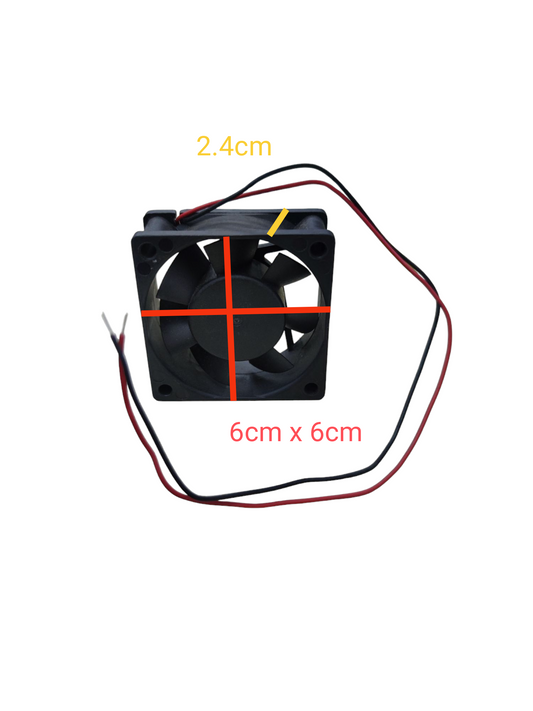 6cm x 6cm 12V DC box fan replacement with black blades and red black wires for cooling