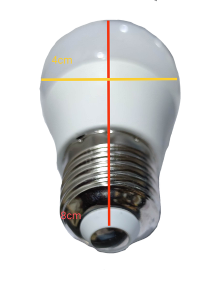 Denko 12V DC LED bulb E27 warm white top view showing E27 screw base and measured 4cm head and 8cm length