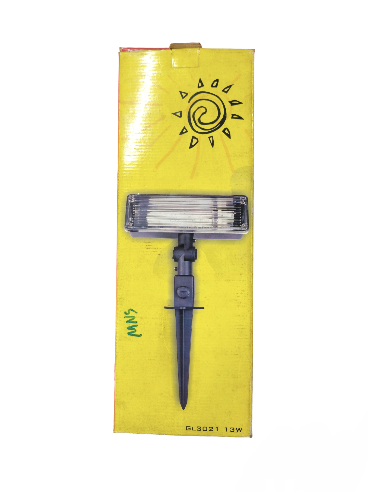 13W CFL outdoor lamp in packaging with yellow background and sun illustration for garden lighting