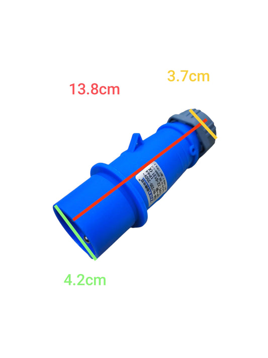 Grippes 16A weatherproof industrial plug connector in blue with size dimensions