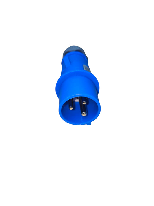 Grippes 16A weatherproof industrial plug connector in blue with three metal pins for electrical use