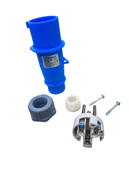 Grippes 16A weatherproof industrial plug connector in blue with assembly parts and screws