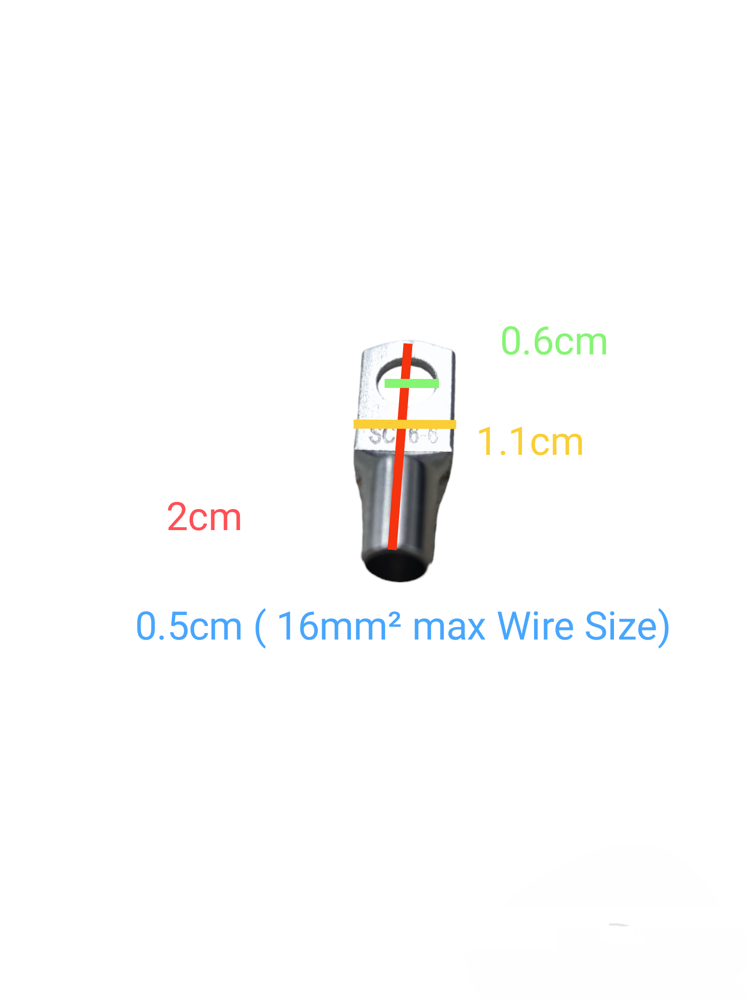 Sassin 16mm Terminal Lugs with detailed measurements for electrical wiring connections