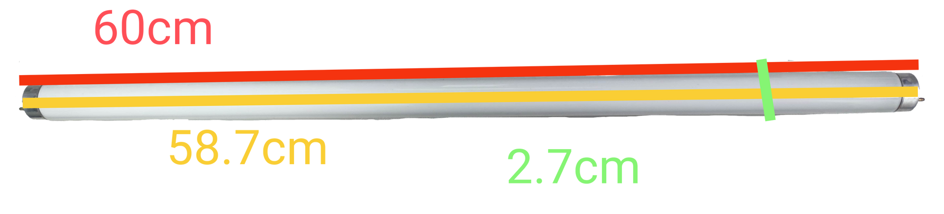 18W T8 UV fluorescent tube 220V measuring 60cm length with white and orange ends