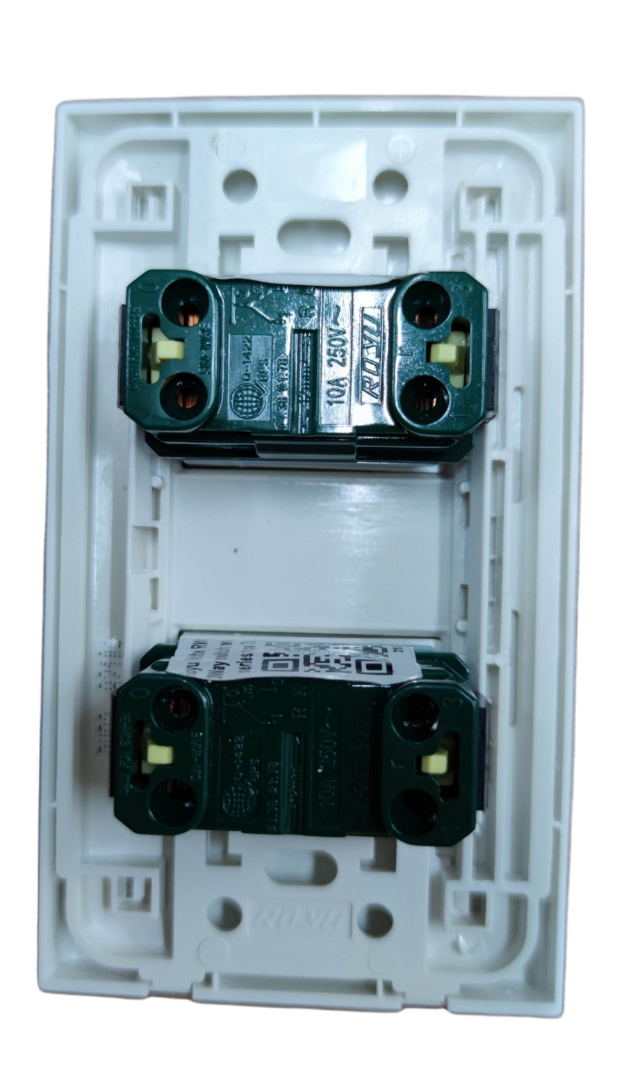 Royu 2 gang 3 way switch with plate white plastic double rocker module rear view showing screw terminals