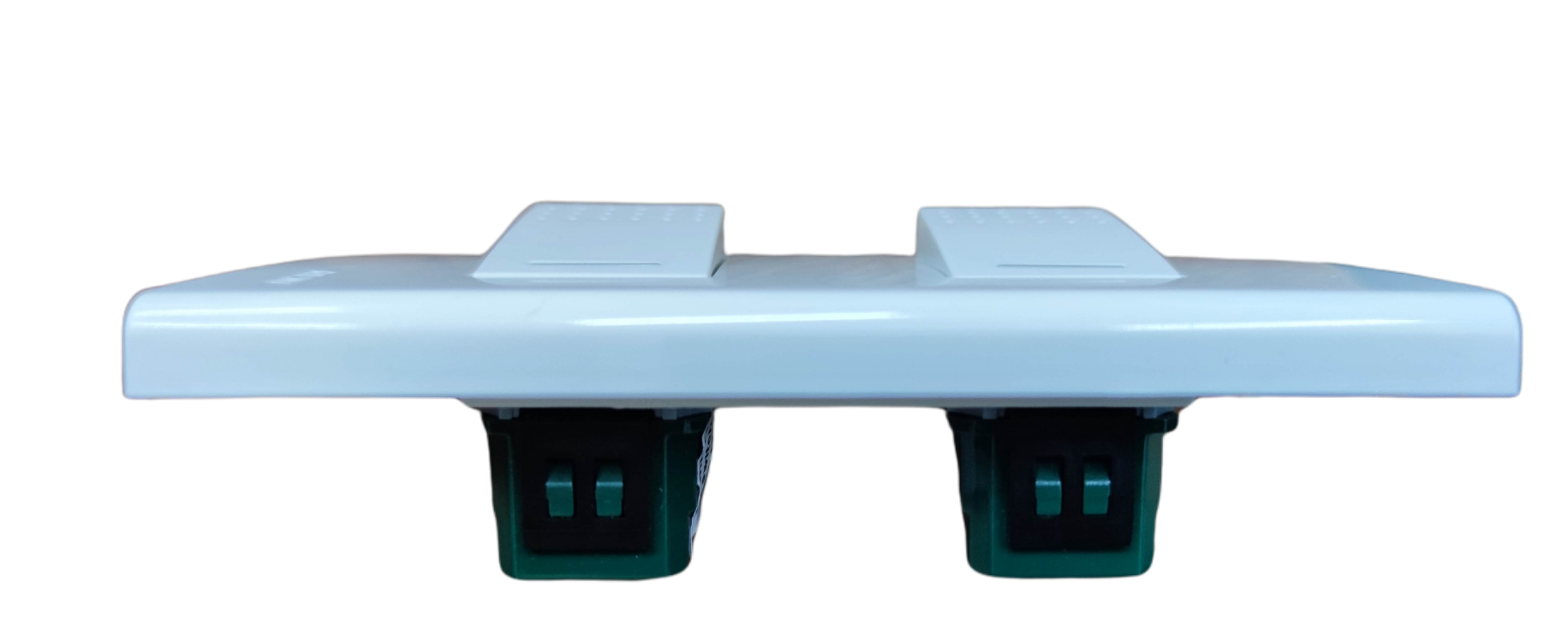 Royu white 2 gang 3 way switch with plate showing two rocker switches and green mounting brackets