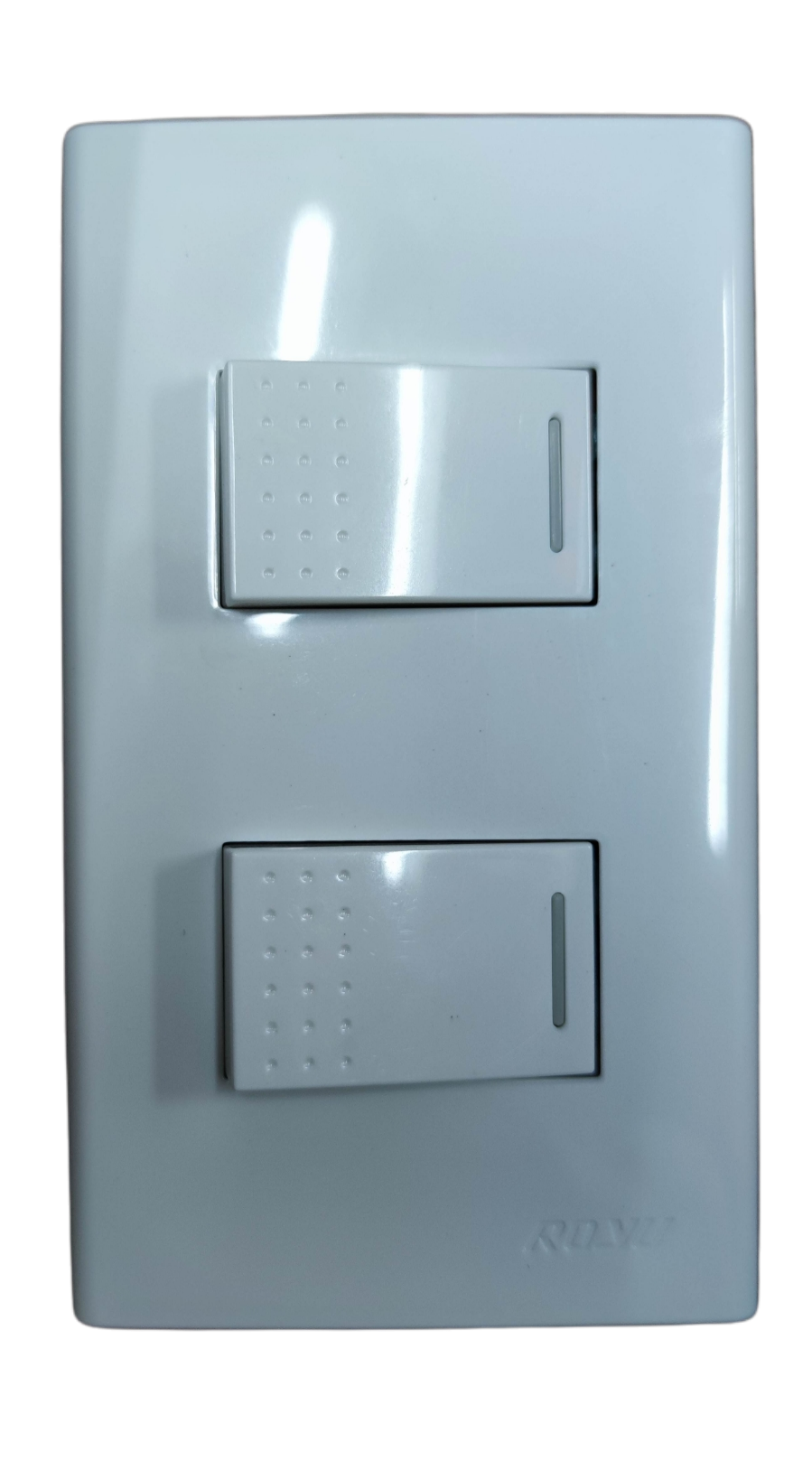 Royu white glossy double rocker 2 gang 3 way switch with plate showing textured paddles and indicator slots