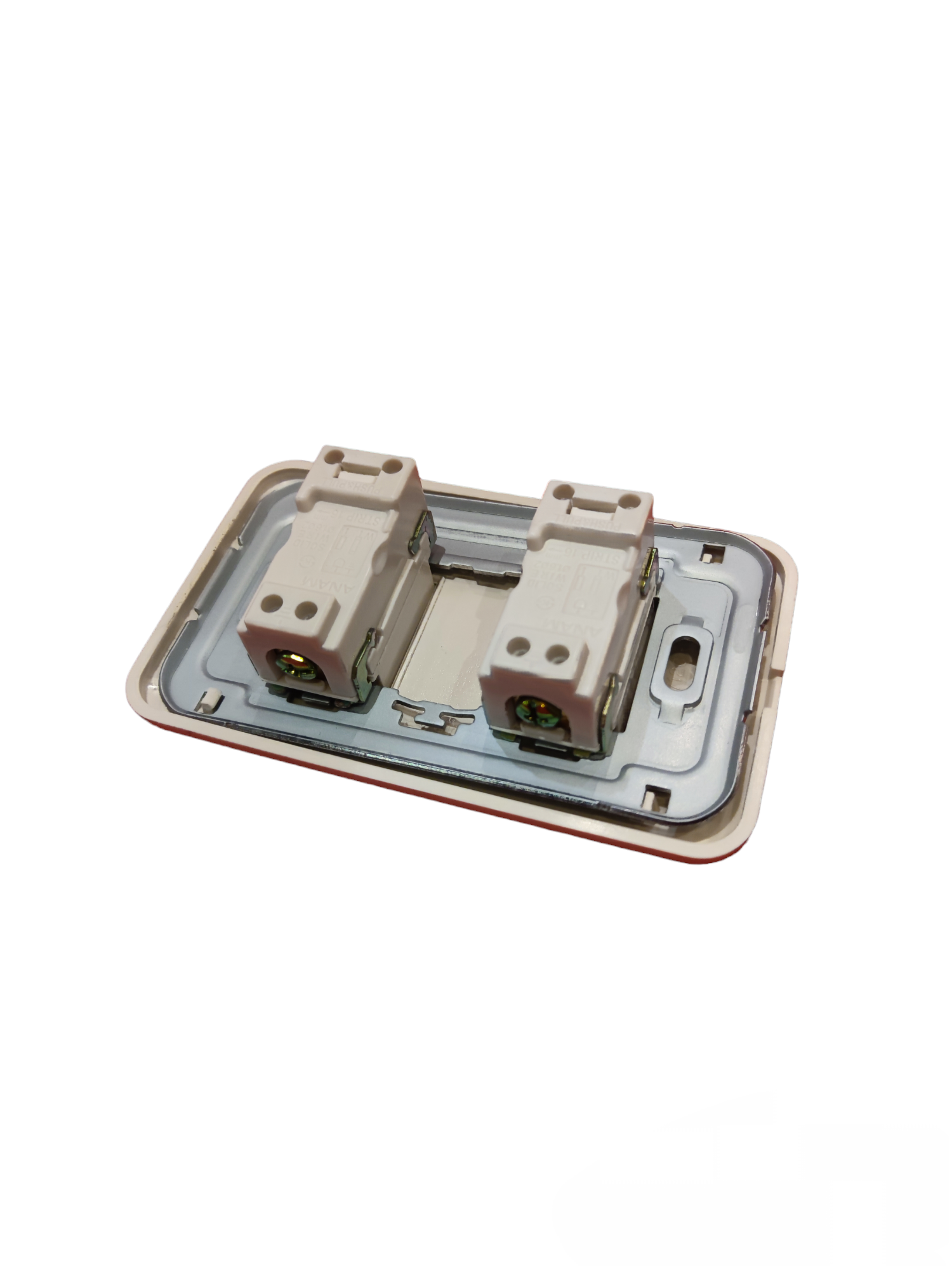 Anam 2 gang flat pin outlet with ground showing the back mounting and wiring connections