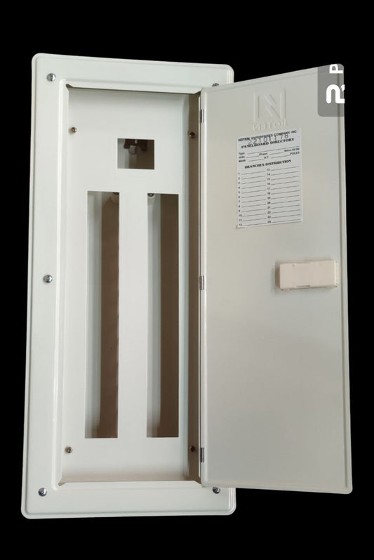 Koten 20 branch 2 pole panel board with open door showing internal slots for electrical circuitry