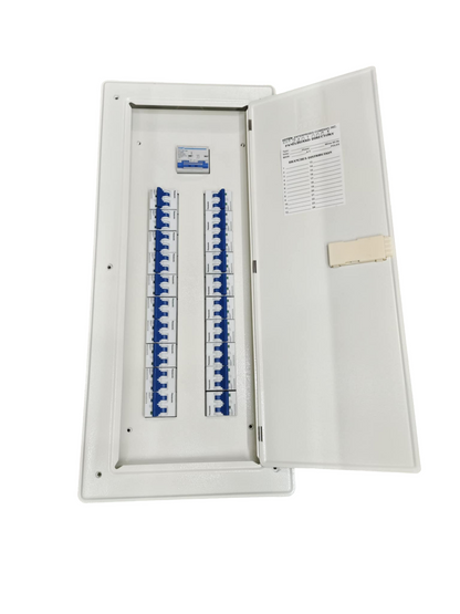 White 20 branch circuit panel board with blue switches and open hinged door for electrical components