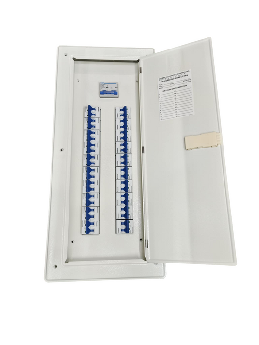 White 20 branch circuit panel board with blue switches and open hinged door for electrical components