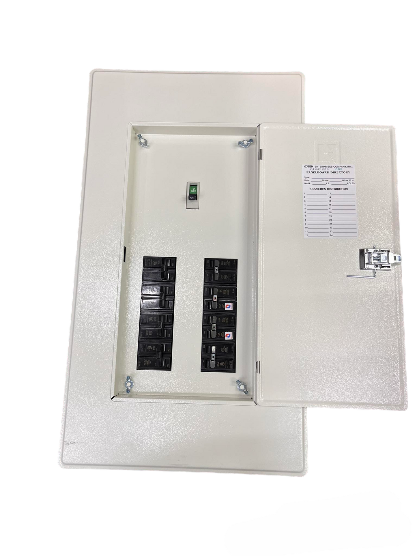 Koten and GE 200A 2 pole panel board with open metal door and circuit breakers inside