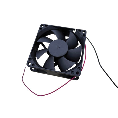 Black 24V DC box fan exhaust fan with seven blades and attached red and black wires