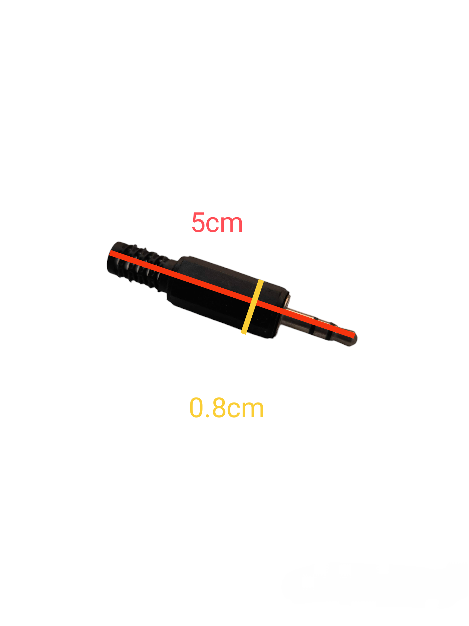 Black microphone accessory featuring a 3.5mm stereo plug connector with measurements